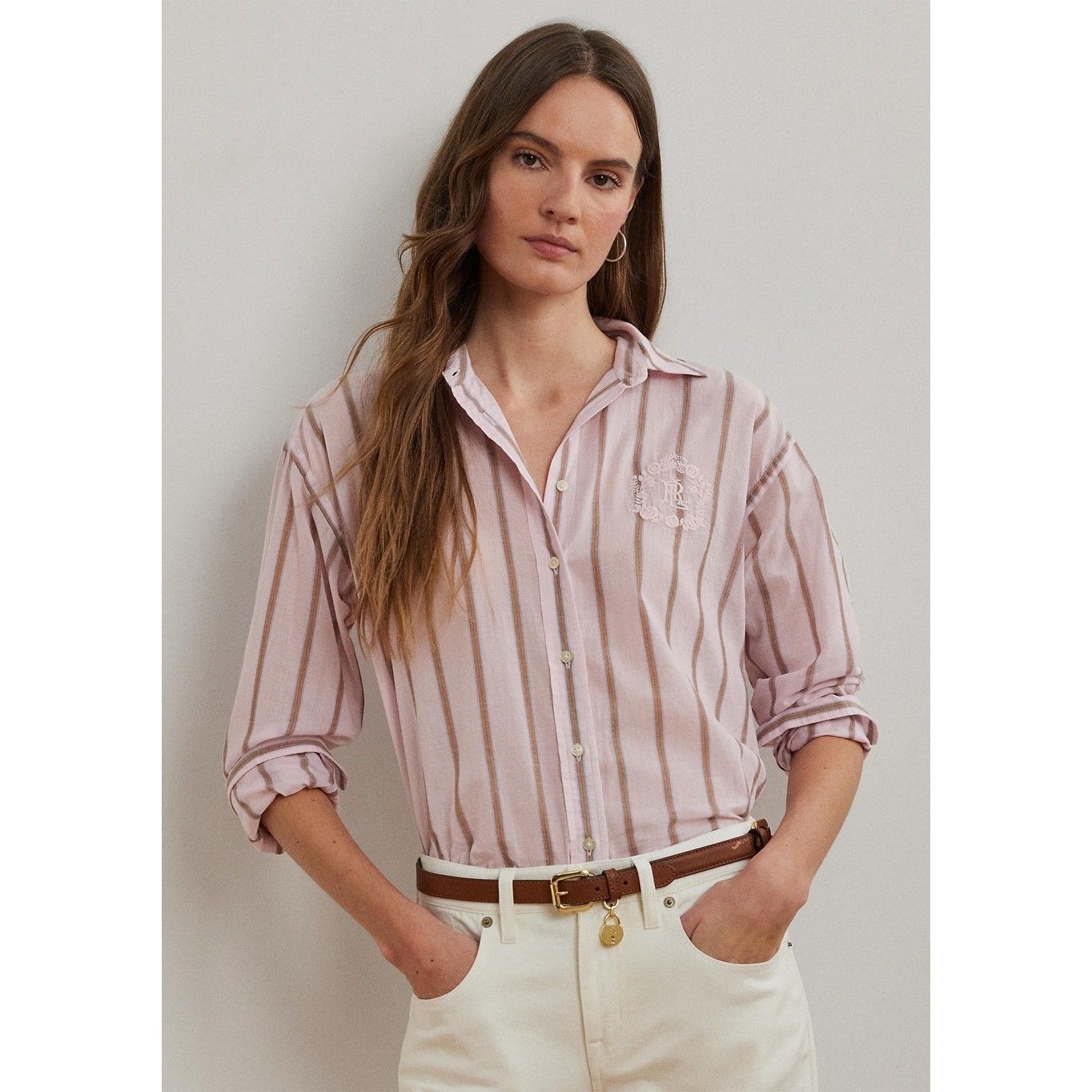 Lauren Ralph Lauren Women's Oversize Striped Cotton Broadcloth Shirt Blush Xl